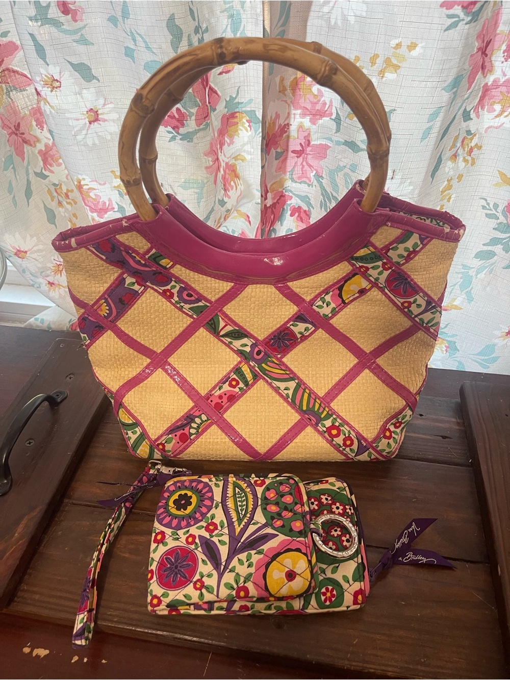 Vera Bradley Mediterranean White Straw Bamboo Tote & Matching Wallet Wristlet